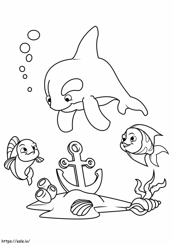 Coloriage Dauphin et deux poissons avec ancre à écailles à imprimer dessin