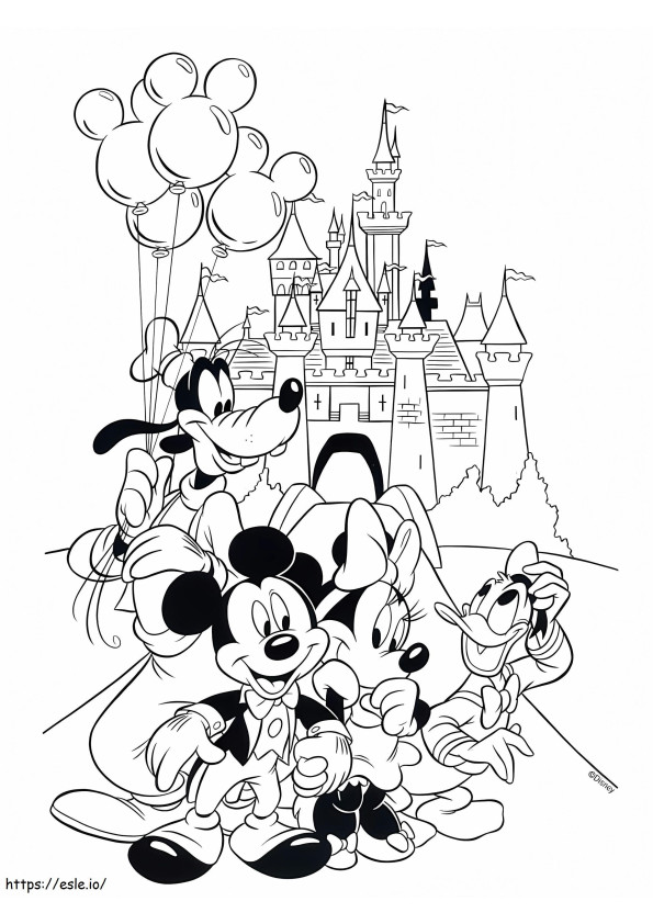 Coloriage Personnages Disney Et Château à imprimer dessin
