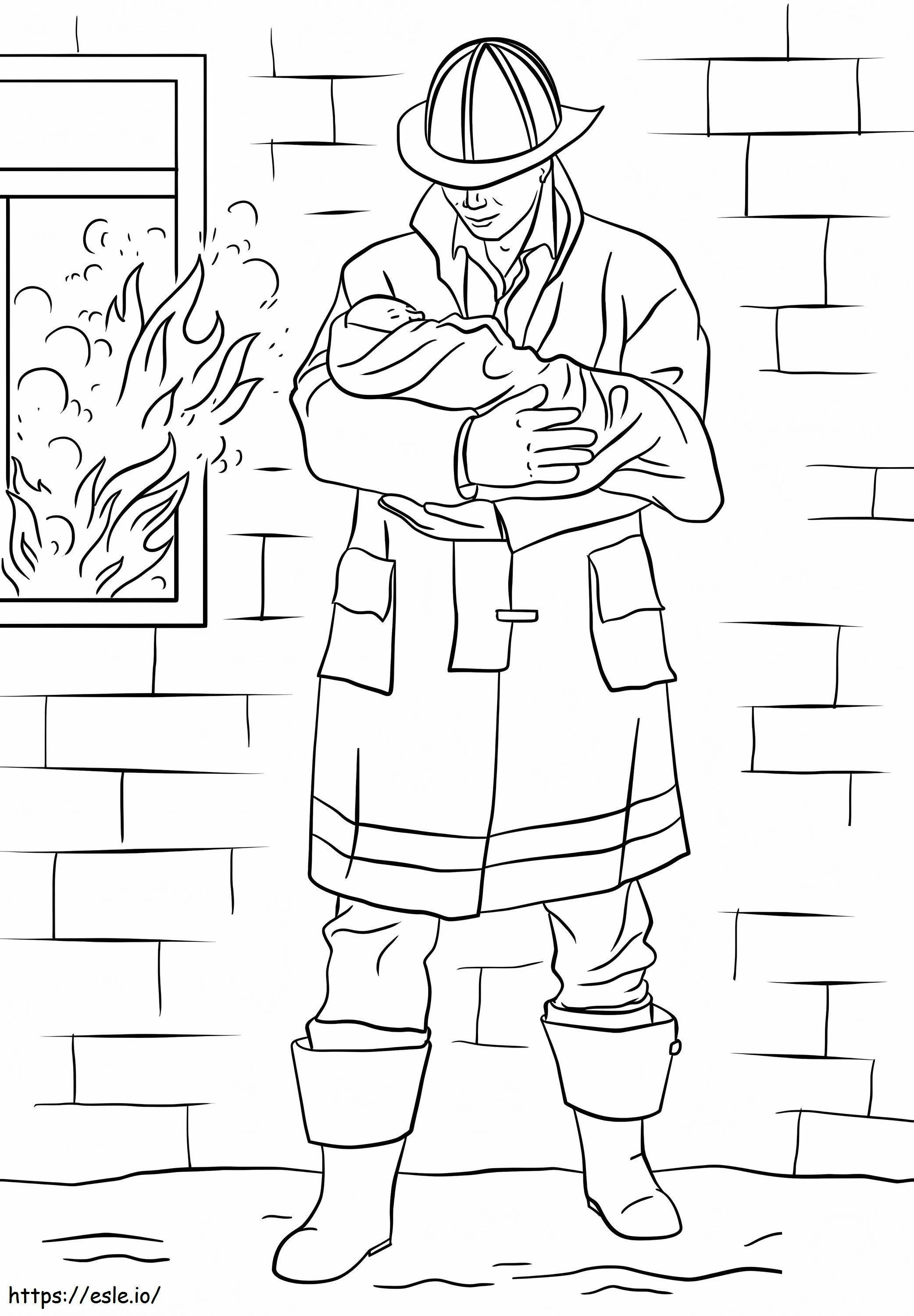 Il pompiere salva il bambino da colorare