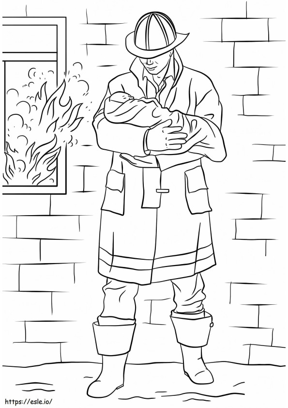 Coloriage Un pompier sauve un bébé à imprimer dessin