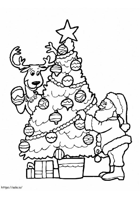 Papá Noel y árbol de Navidad con renos para colorear