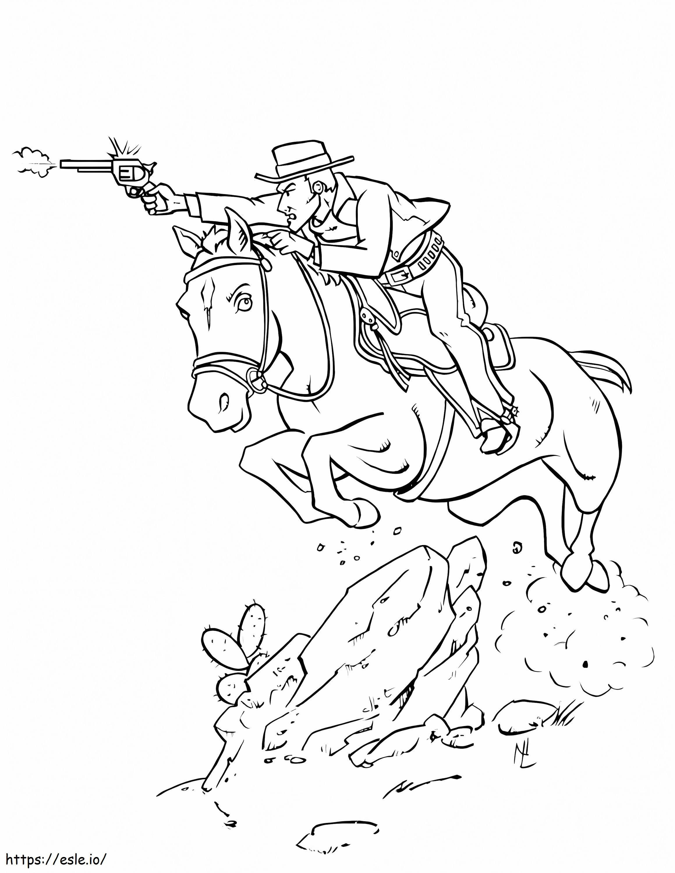Cowboy andando a cavalo e atirando para colorir