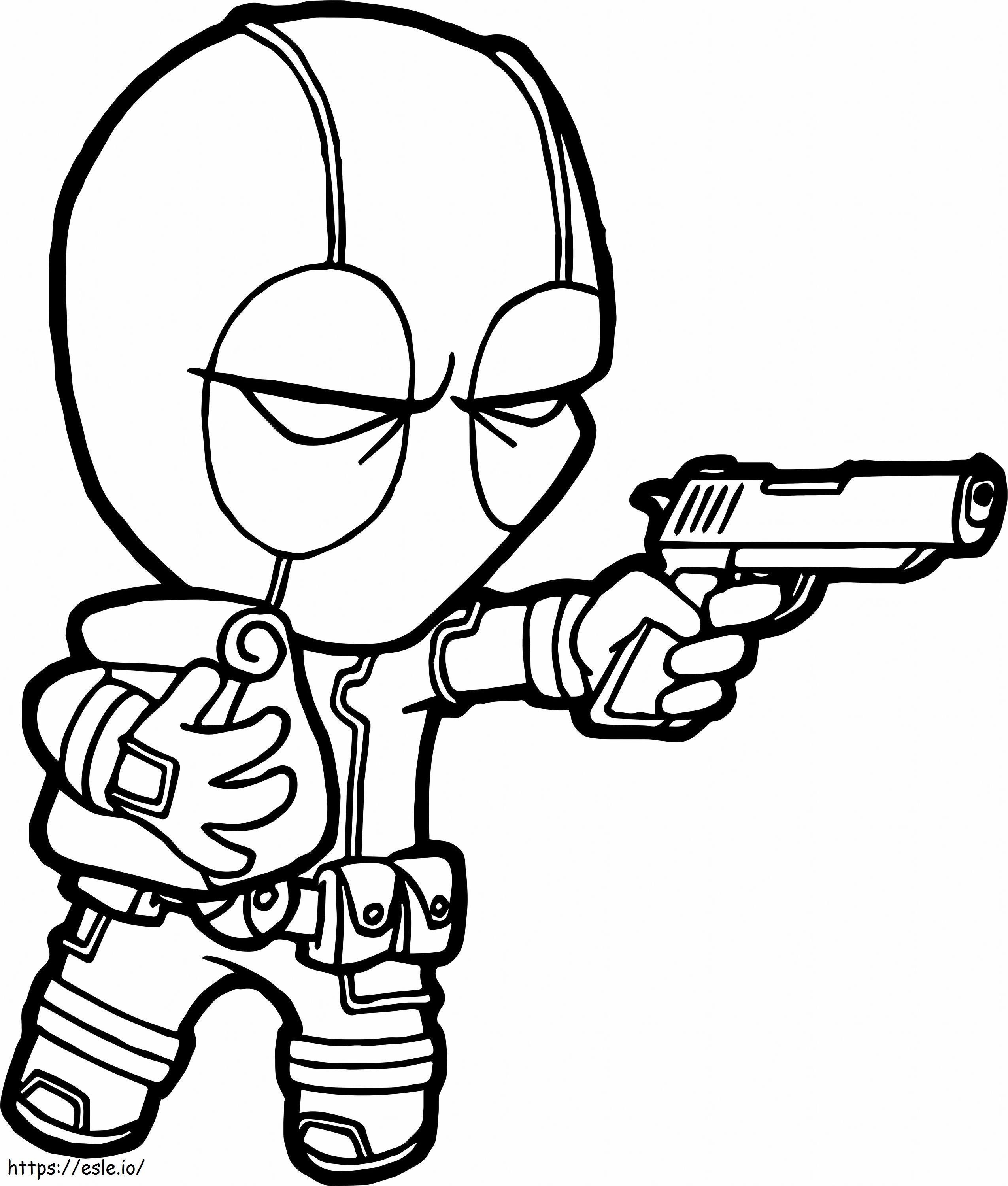 Deadpool segurando uma arma e segurando um objeto para colorir