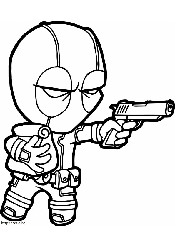 Deadpool ținând în mână o armă și ținând în mână un obiect de colorat