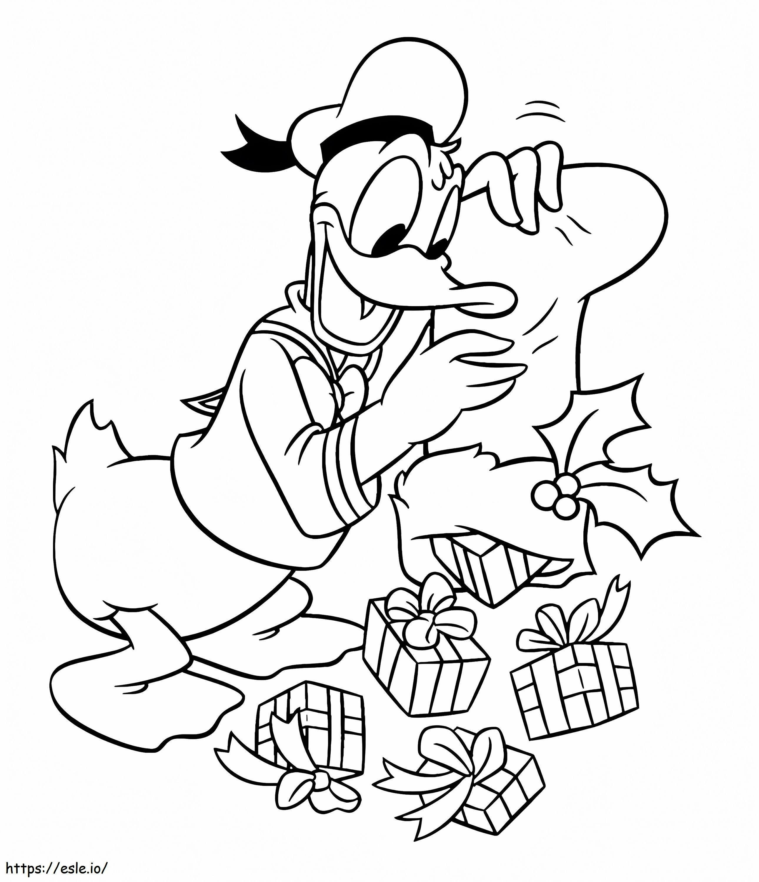 Coloriage Donald Duck avec des cadeaux de Noël à imprimer dessin
