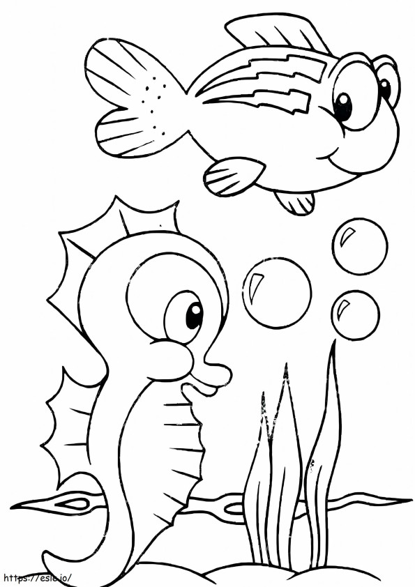 Smiling Fish And Seahorse coloring page