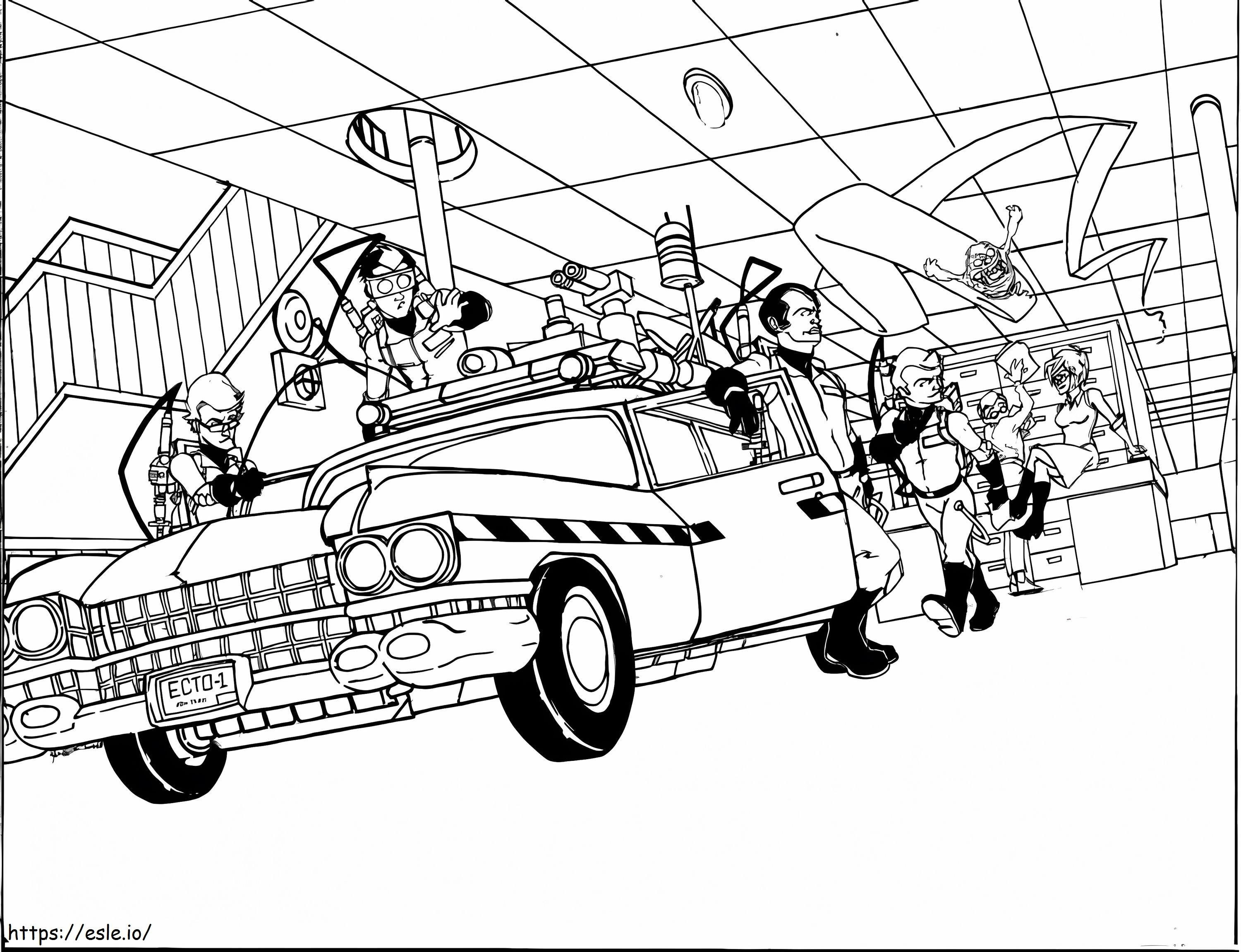 Quatro personagens de caça-fantasmas com carro para colorir