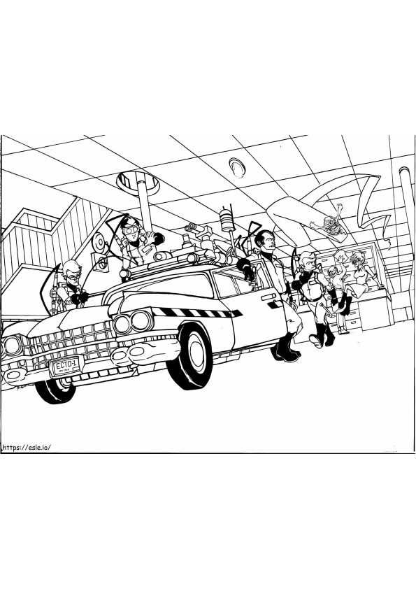Neljä Ghostbusters-hahmoa auton kanssa värityskuva
