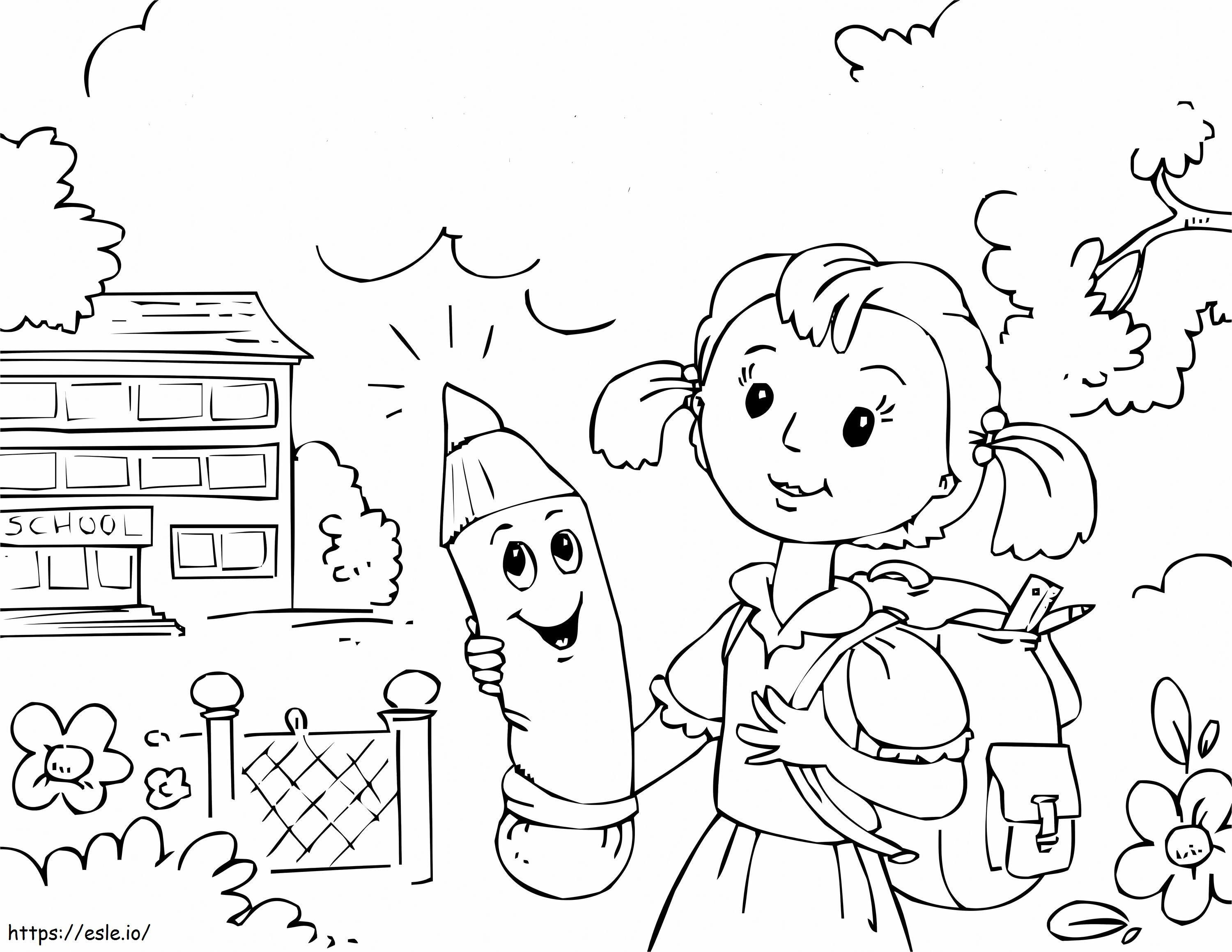 Menina segurando um lápis vai feliz para a escola para colorir