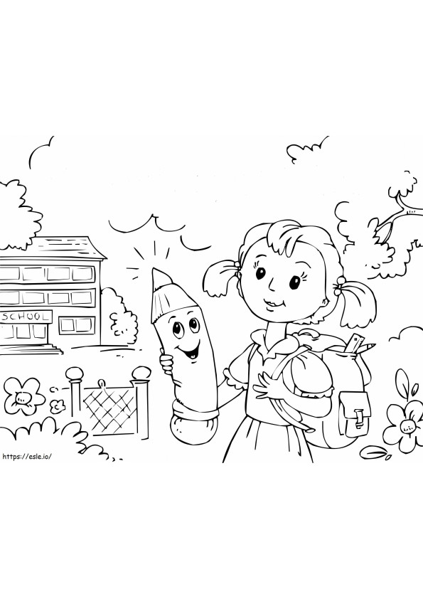 Girl Holding A Pencil Happily Goes To School coloring page