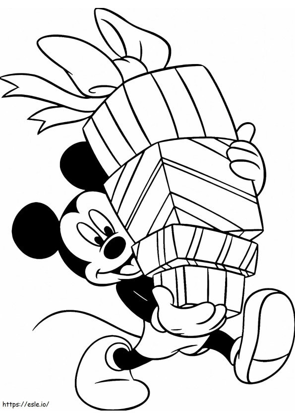 Mickey Mouse sosteniendo cajas de regalo para colorear