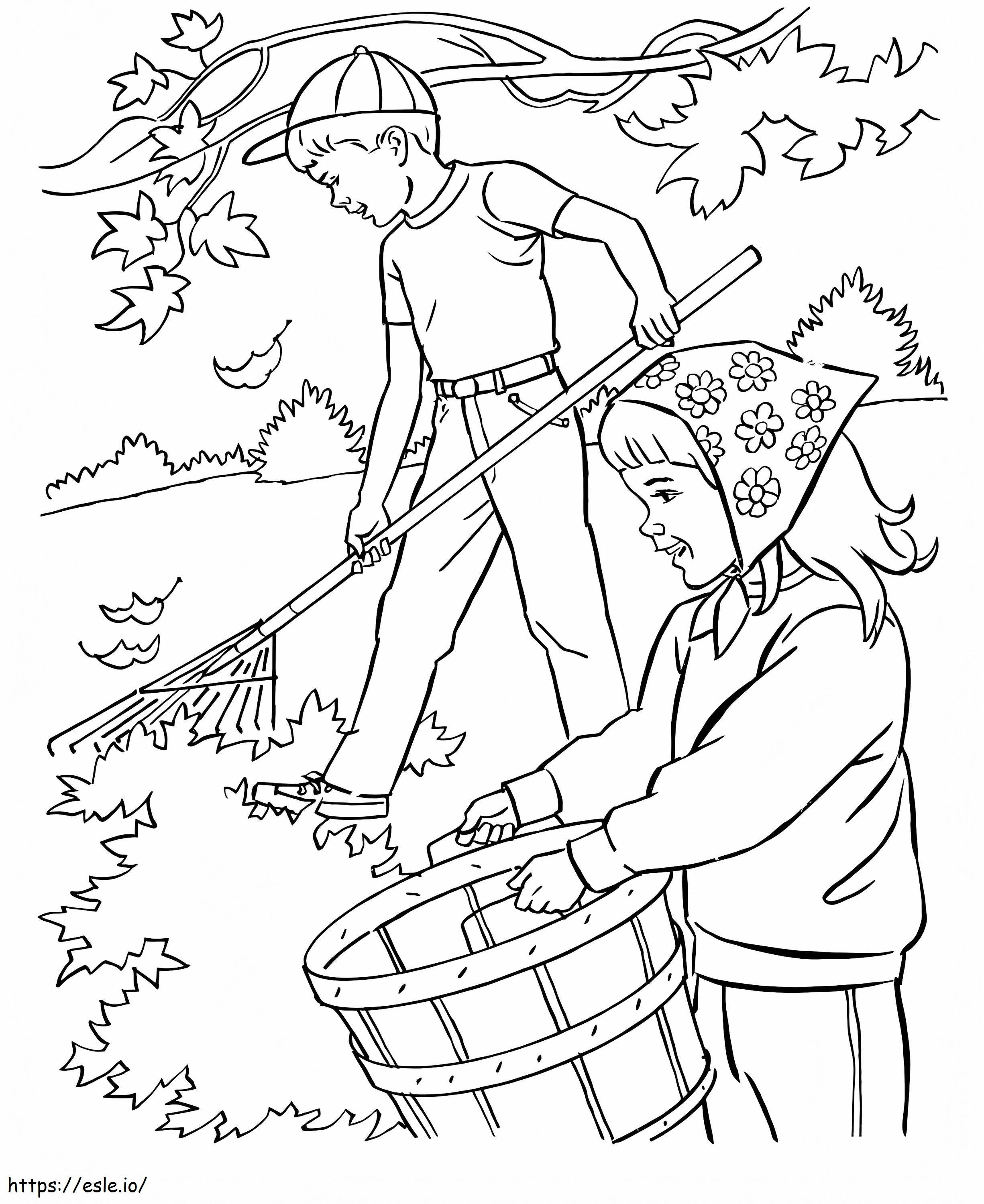秋に落ち葉を掃除する 2 人の子供 ぬりえ - 塗り絵