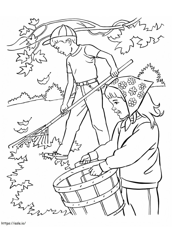 Coloriage Deux enfants nettoyant les feuilles en automne à imprimer dessin