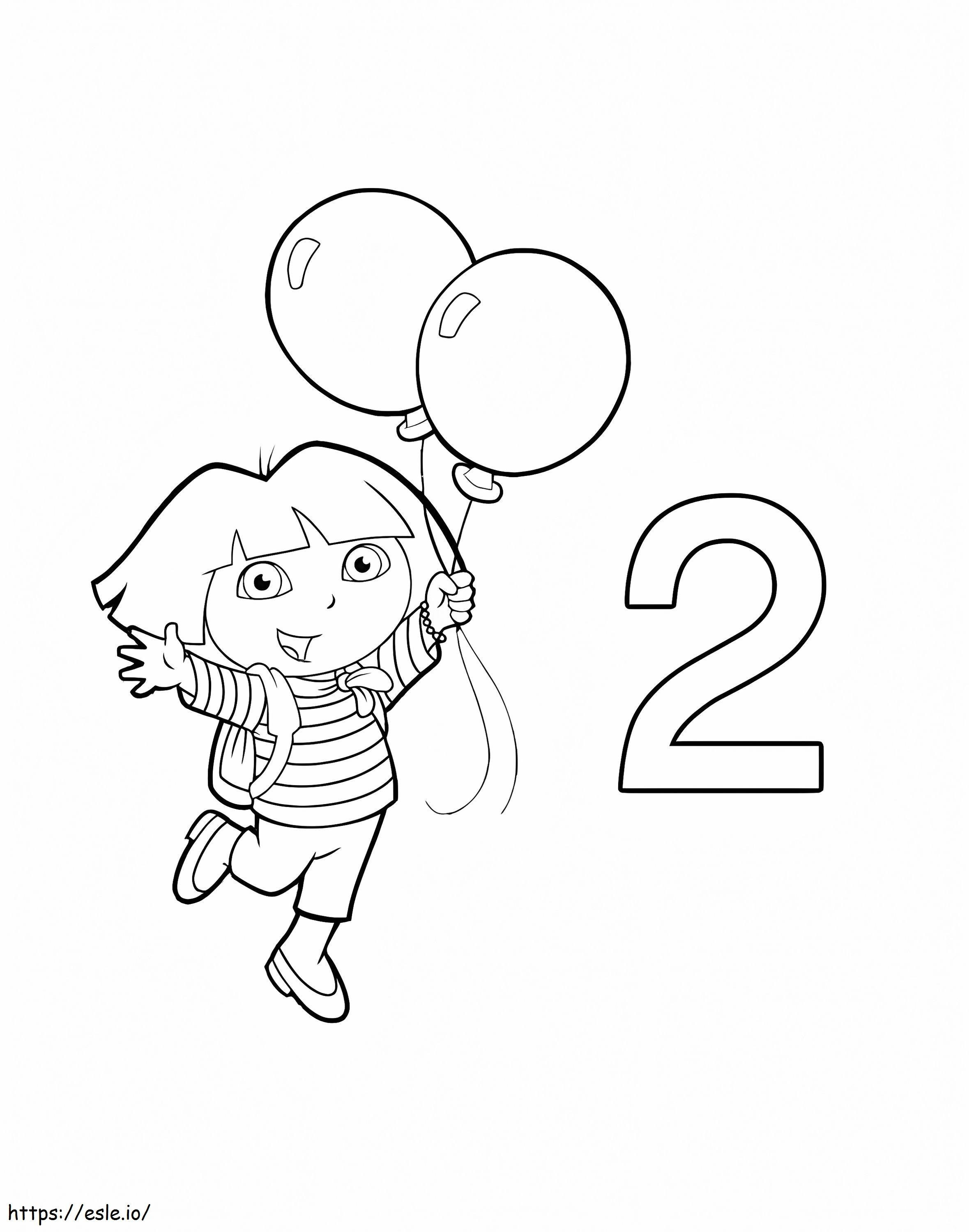 Número 2 e Dora segurando dois balões para colorir