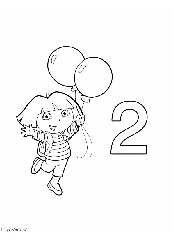 Coloriage Numéro 2 et Dora tenant deux ballons à imprimer dessin