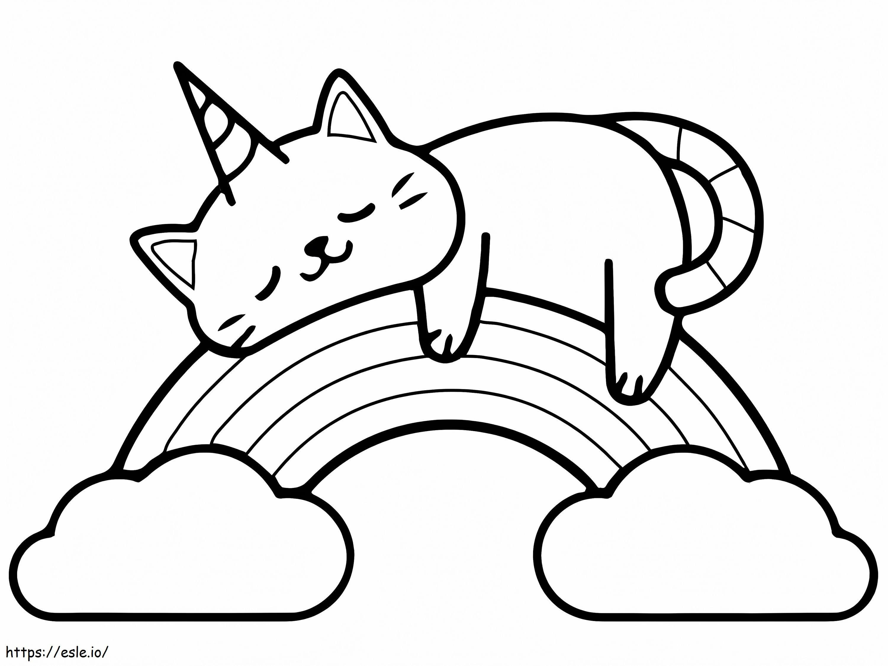 Yksisarvinen kissa sateenkaarella värityskuva