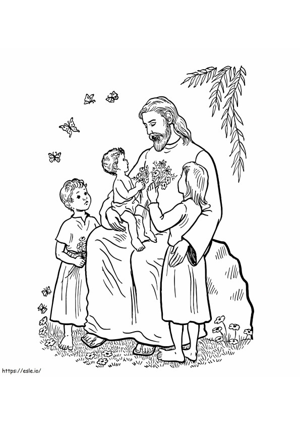 Coloriage Jésus de base avec les enfants à imprimer dessin