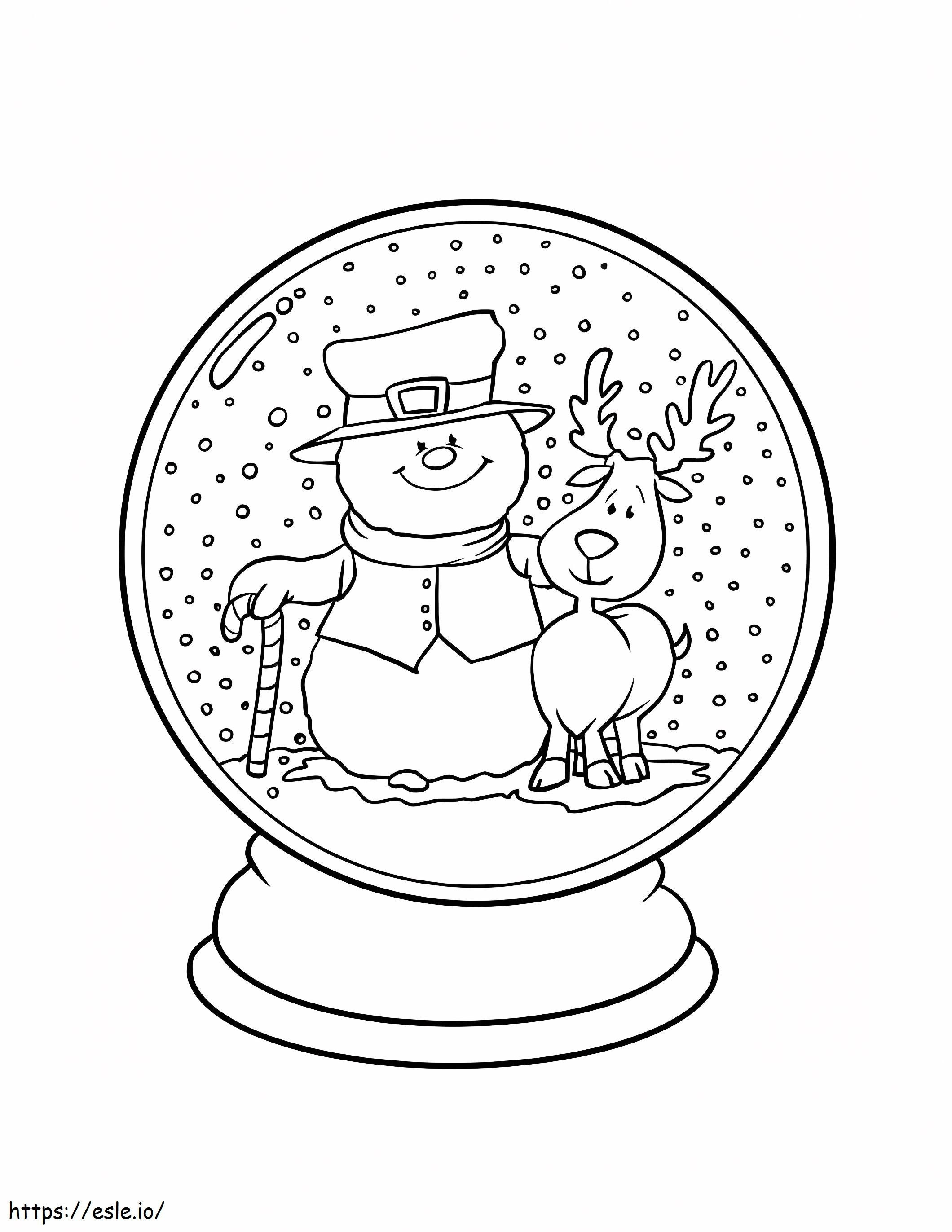 Lumipallo lumiukon ja poron kanssa värityskuva