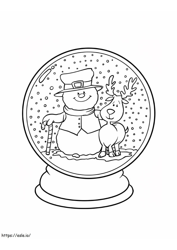 Globo de neve com boneco de neve e renas para colorir