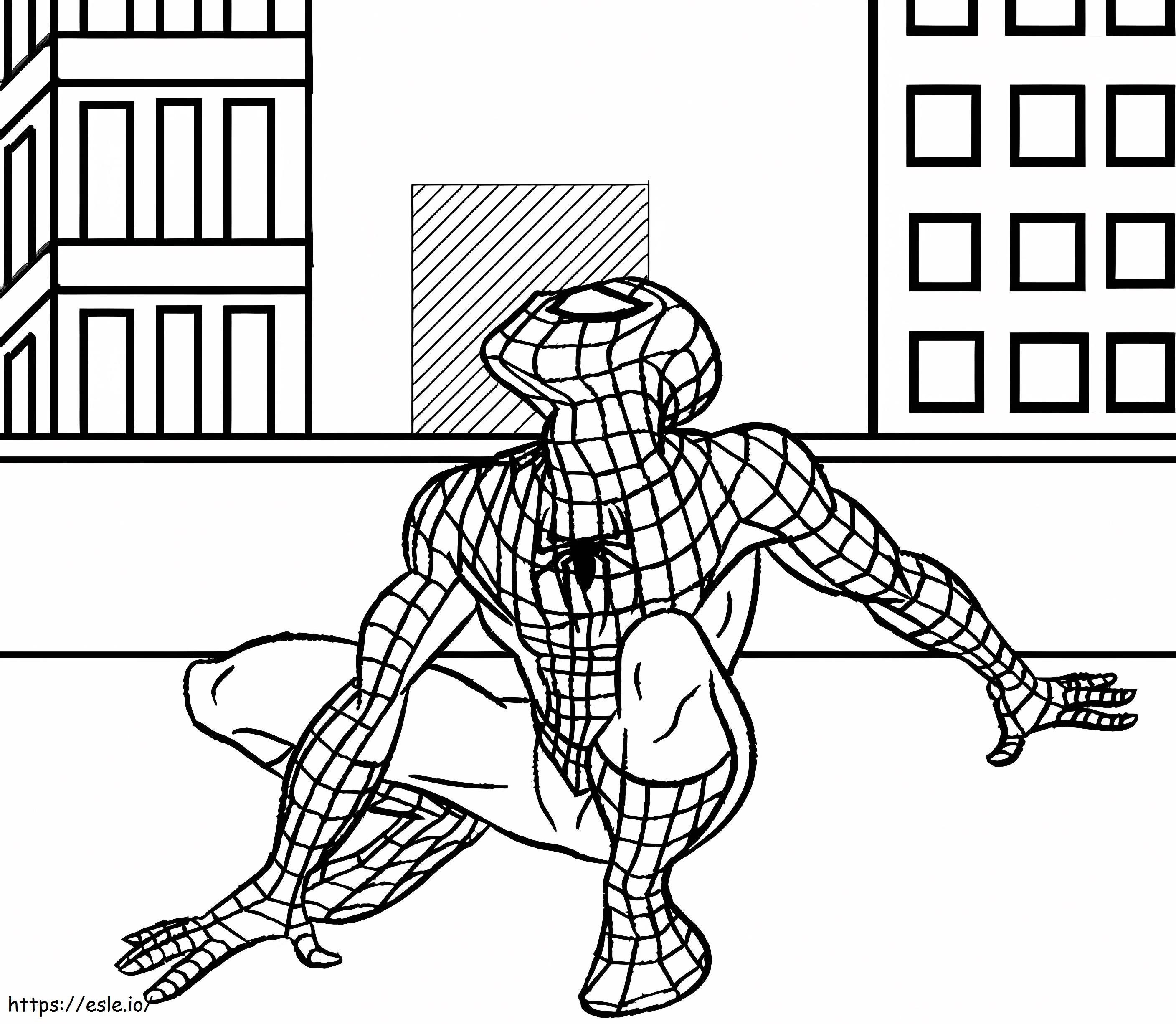 Coloriage Spiderman lève les yeux vers le ciel à imprimer dessin