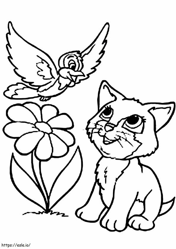 Gatito y pájaro flor para colorear
