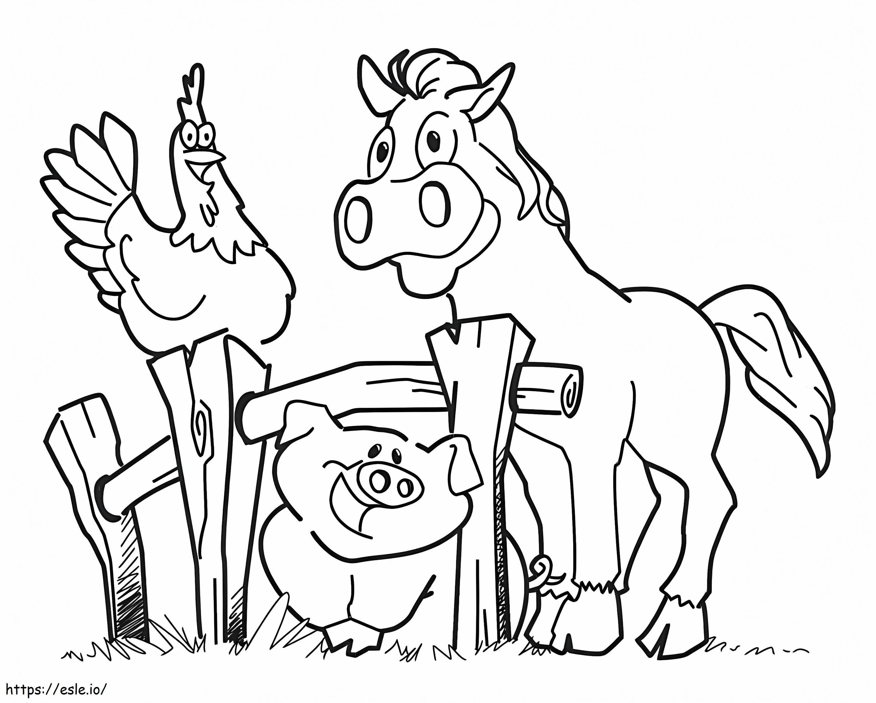 Pollo, caballo y cerdo en la granja. para colorear