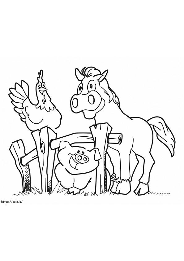 Coloriage Cheval de poulet et cochon à la ferme à imprimer dessin