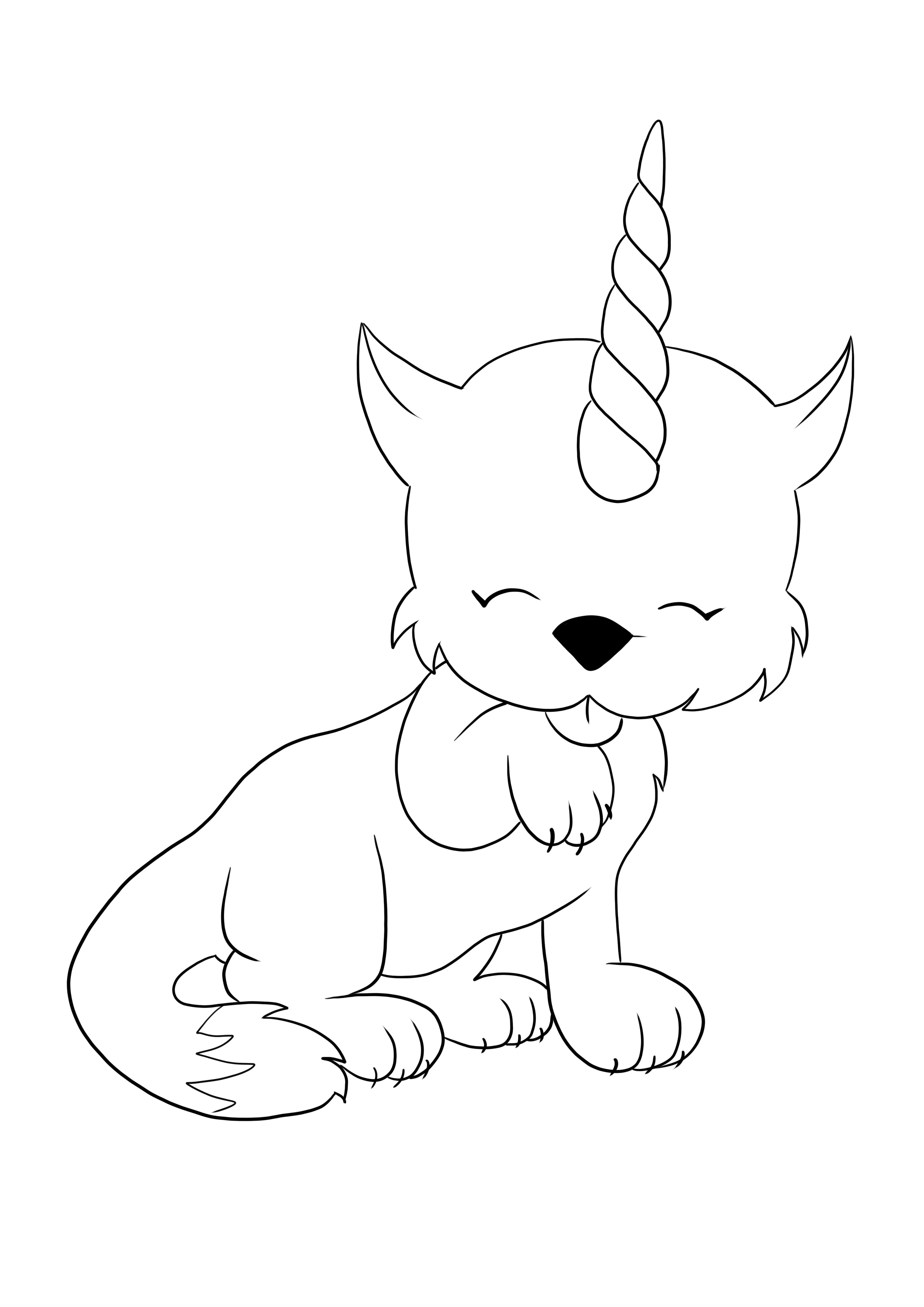 Cat Unicorn licking his paw to print and color for free