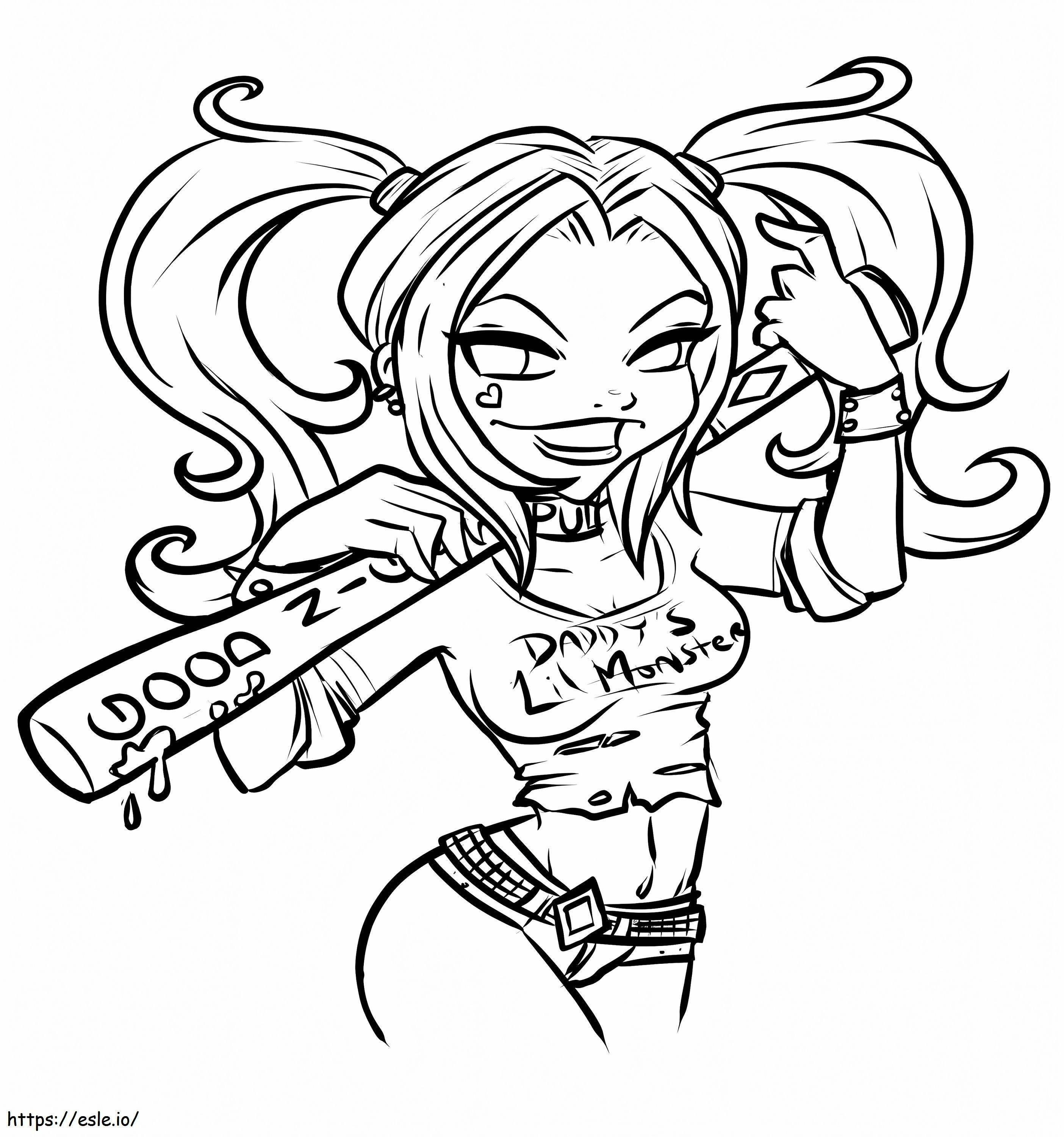 Hauska Chibi Harley Quinn pesäpallomailalla värityskuva