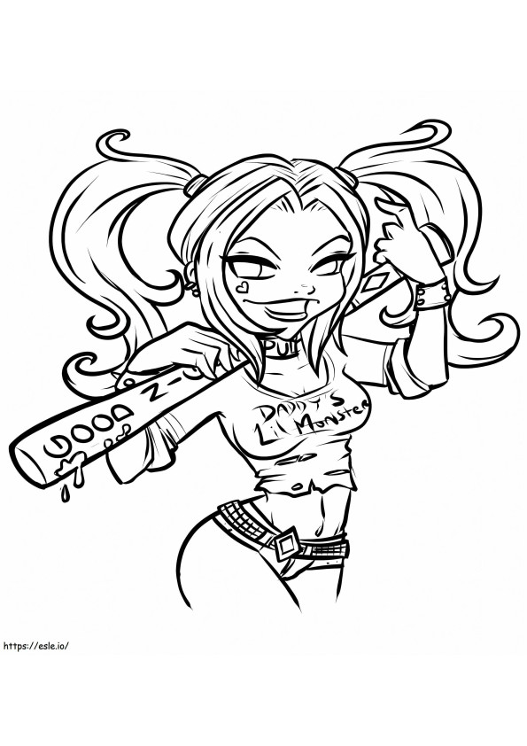 Coloriage Chibi drôle Harley Quinn avec une batte de baseball à imprimer dessin