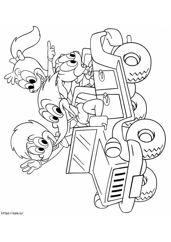 Coloriage Woody Woodpecker et ses amis en voiture à imprimer dessin