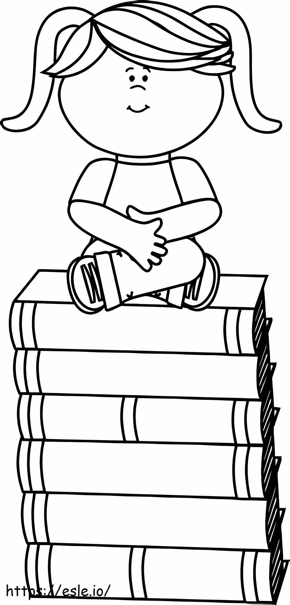 Girl Sitting On Books coloring page