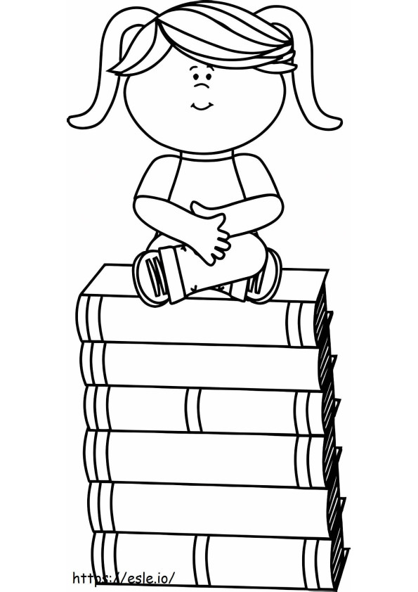 Tyttö istuu kirjojen päällä värityskuva