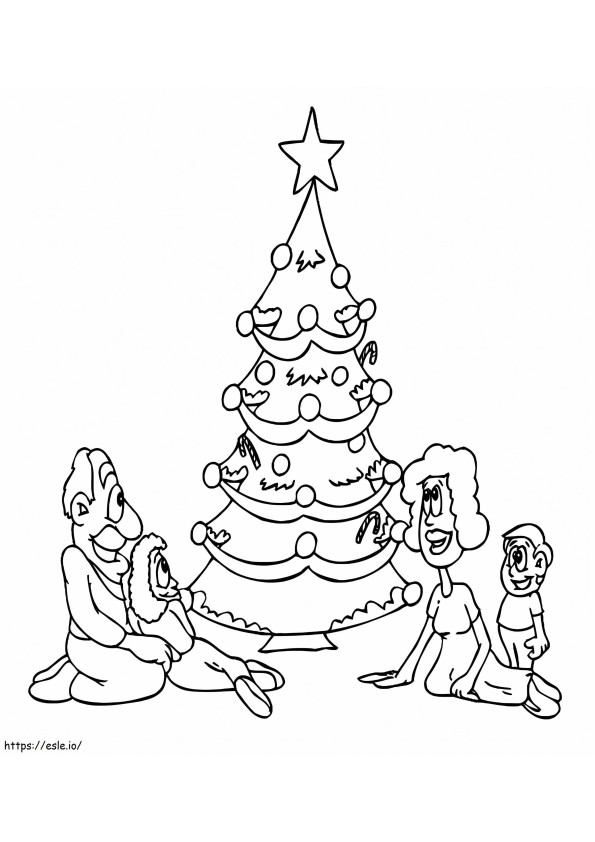 クリスマスツリーと家族 ぬりえ - 塗り絵