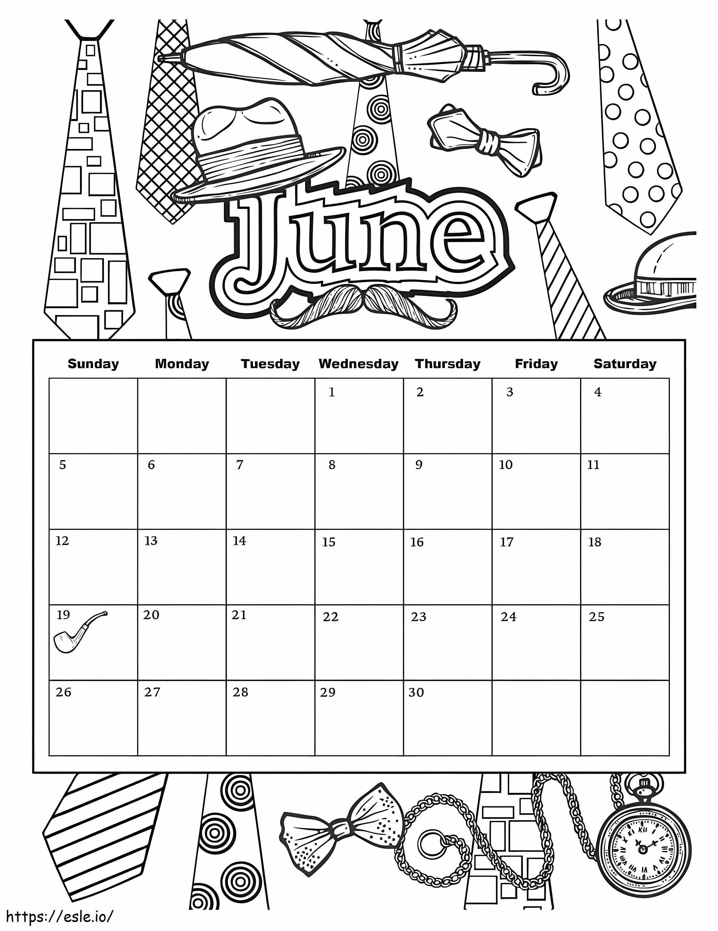 Calendário de junho de 2019 para colorir