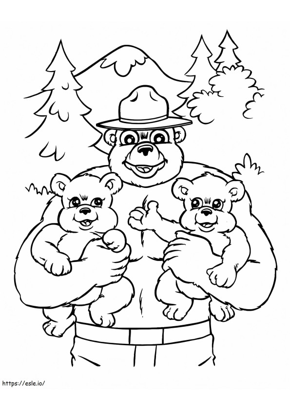 Coloriage Smokey Bear et petits ours à imprimer dessin