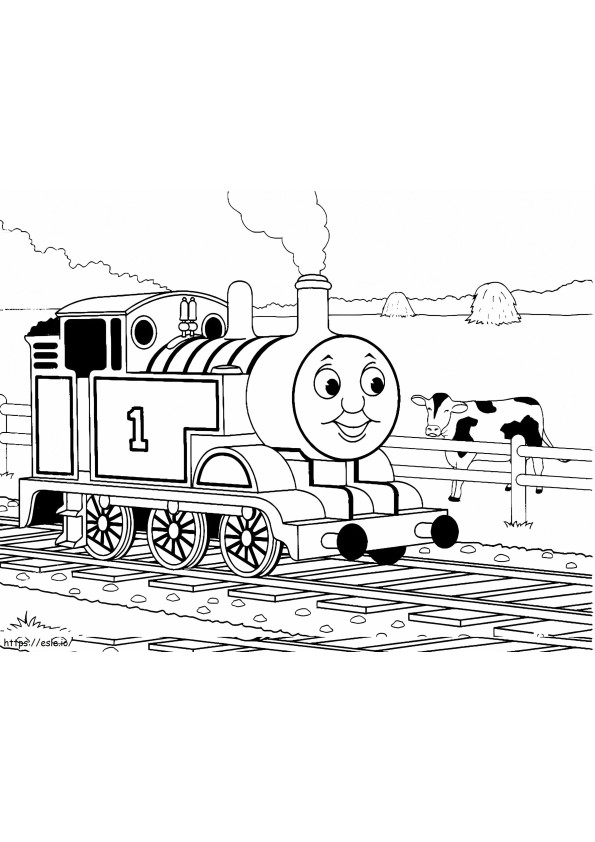 Pagina da colorare di mucca e Thomas il treno da colorare