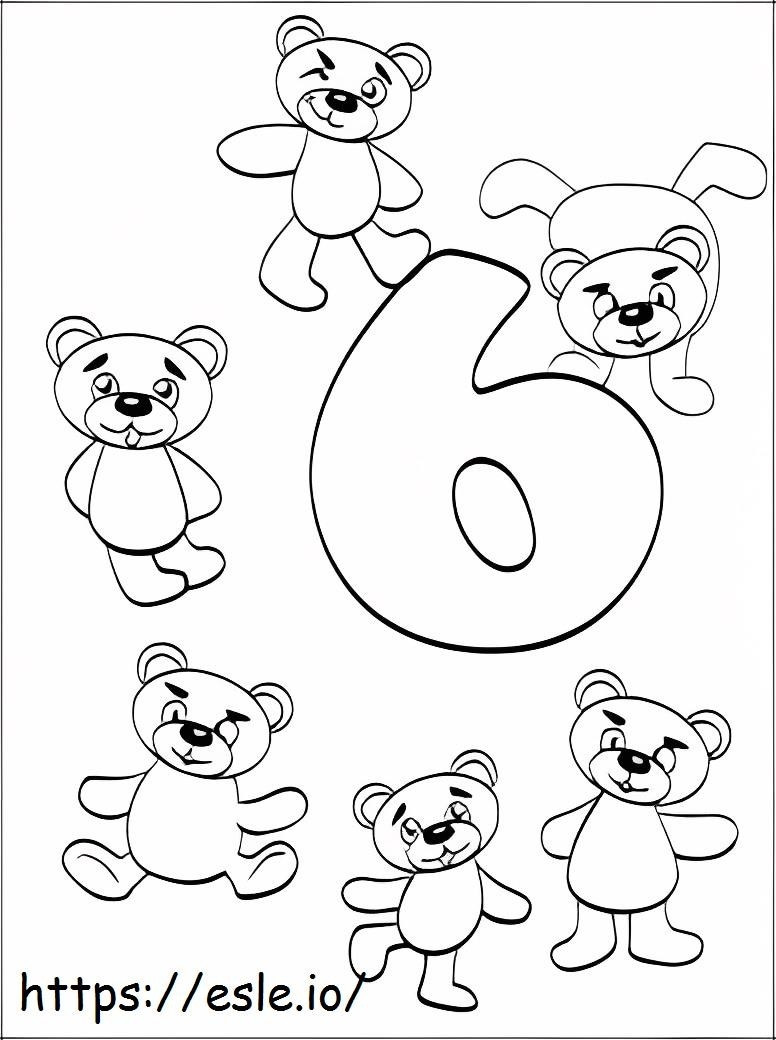 Número seis y seis oso para colorear
