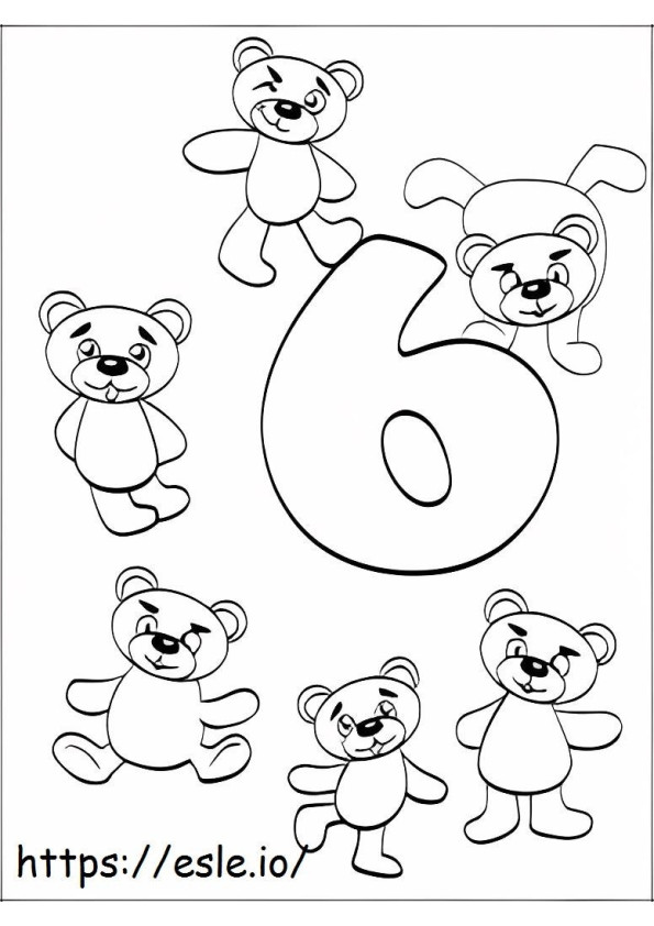 Número seis y seis oso para colorear