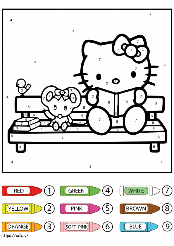 Hello Kitty lukee värien mukaan värityskuva