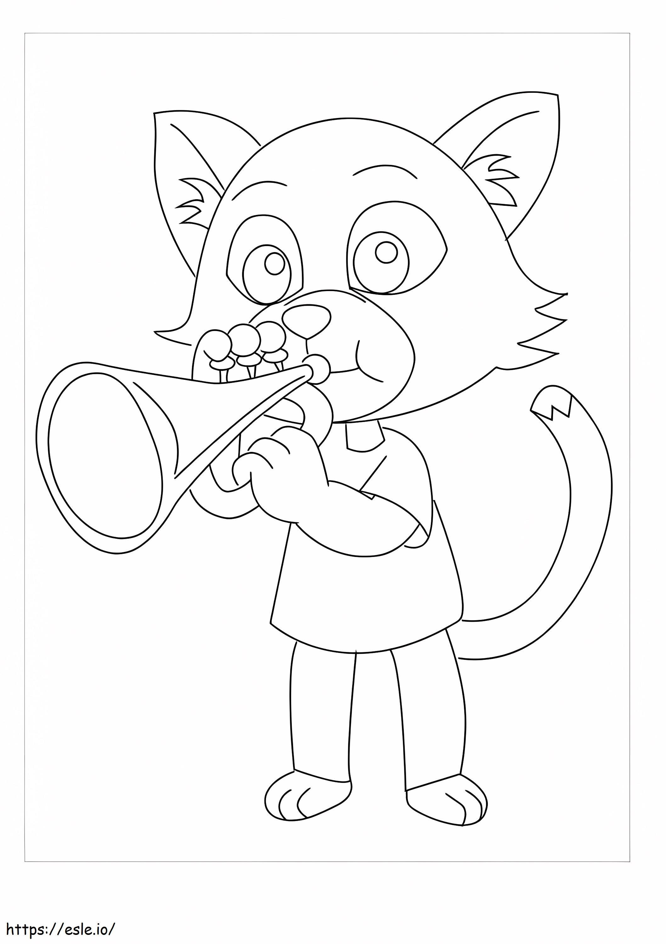 Sarjakuva kissa puhaltaa trumpettia värityskuva