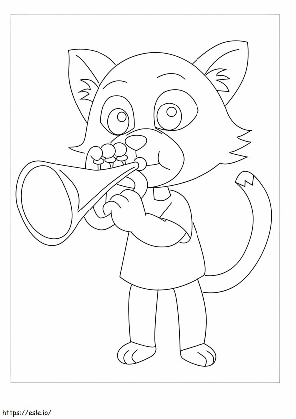 Gato de desenho animado soprando trombeta para colorir