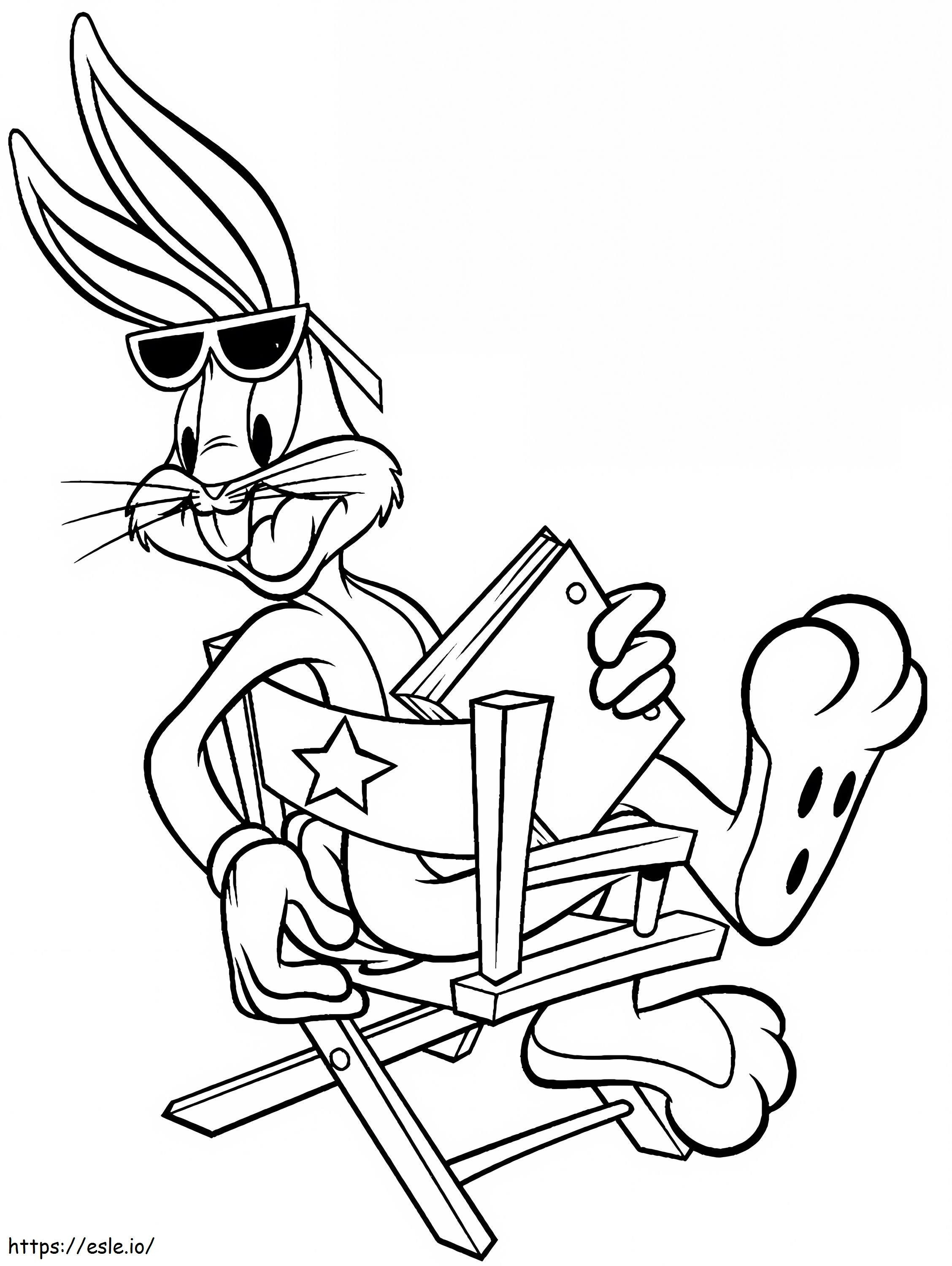 Bugs Bunny sosteniendo un libro sentado en una silla para colorear