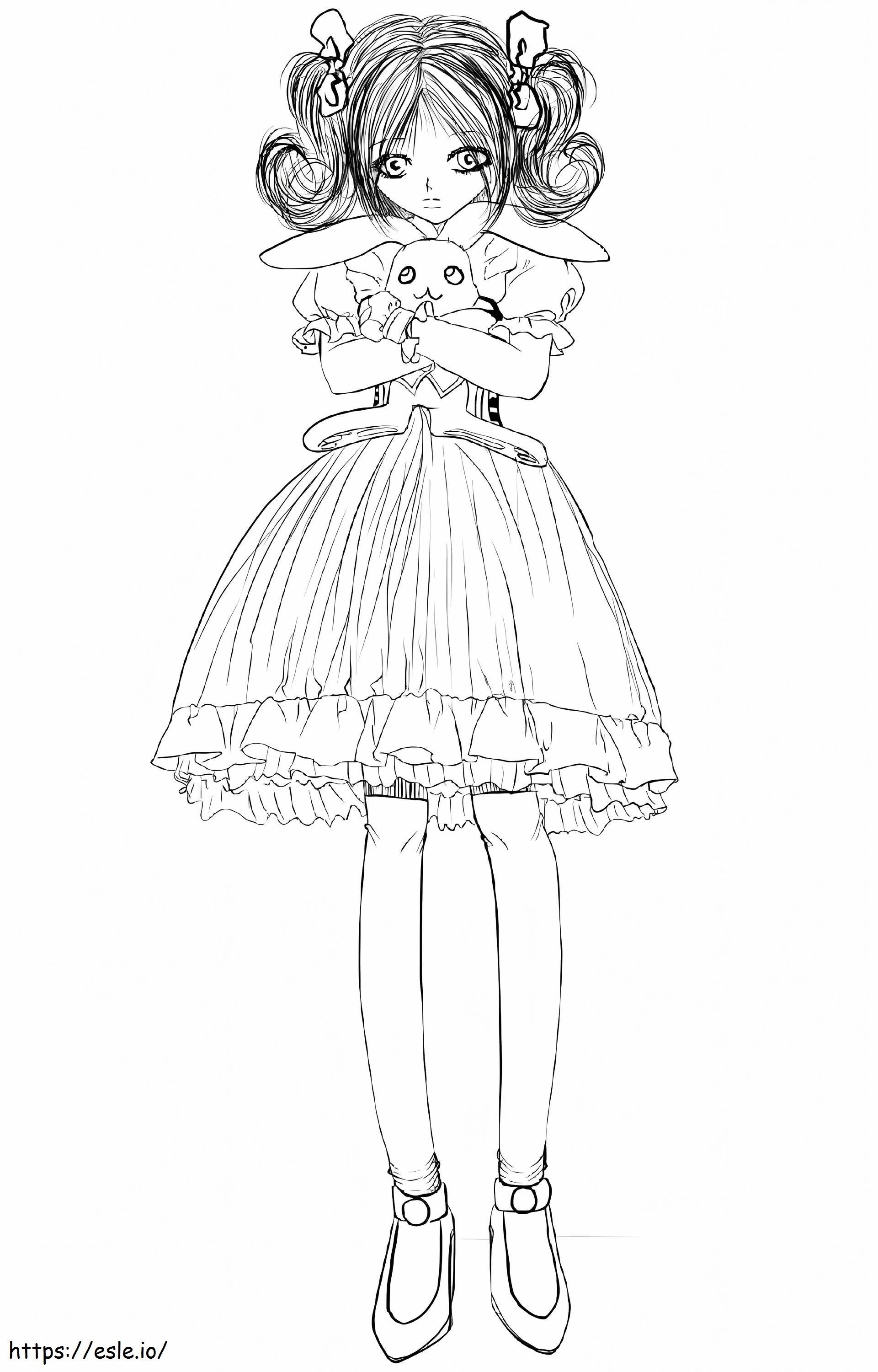 Coloriage Anime Girl avec lapin en peluche à imprimer dessin