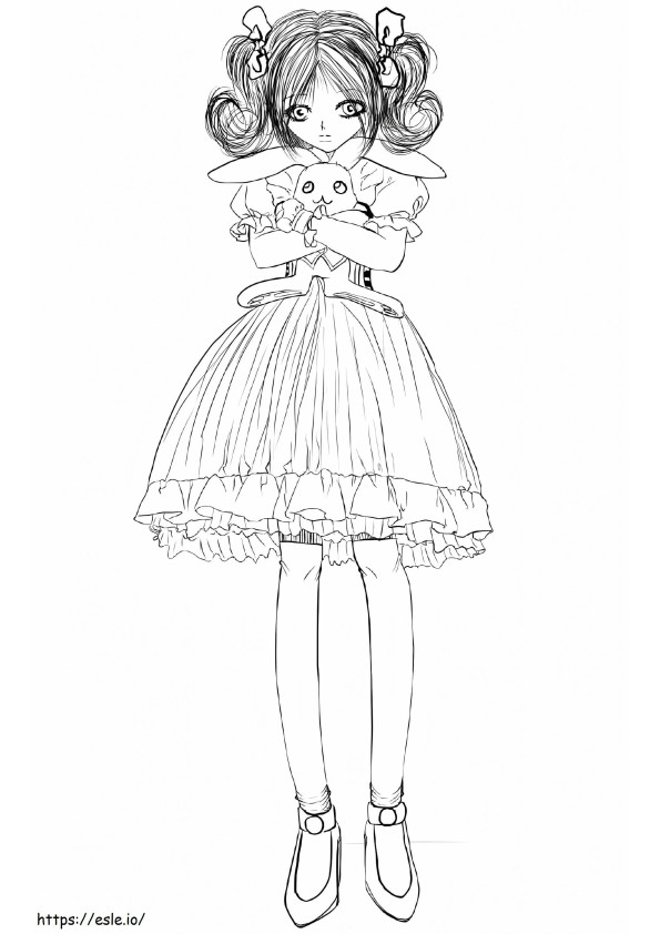 Coloriage Anime Girl avec lapin en peluche à imprimer dessin