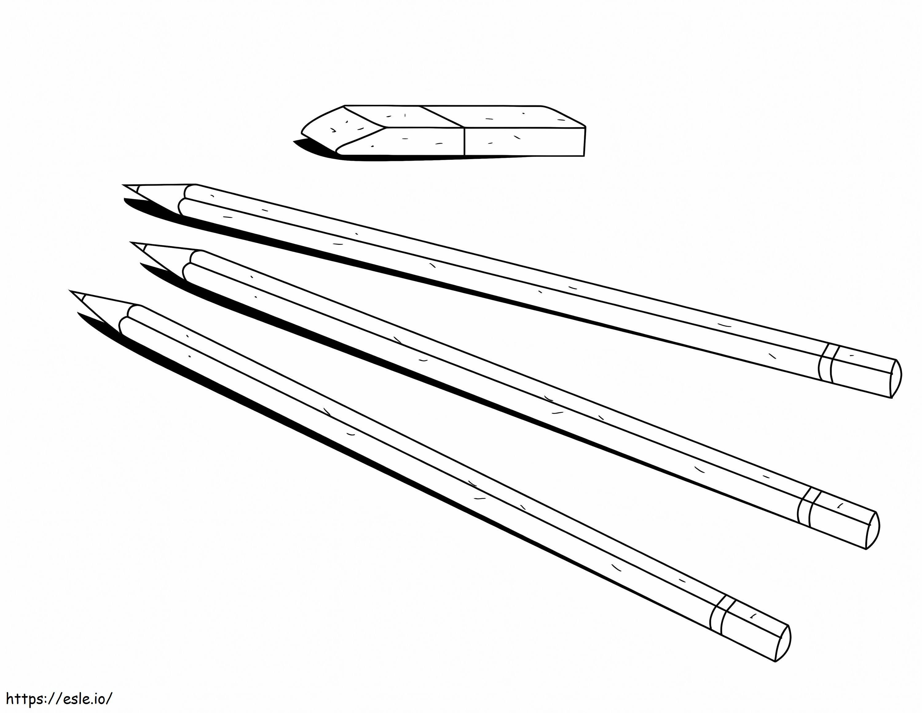 Three Pencils And Eraser coloring page