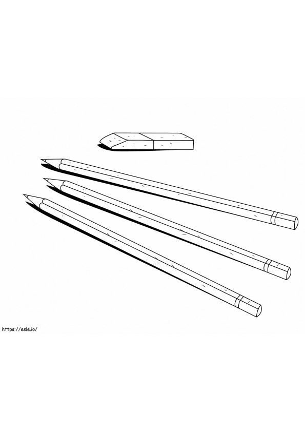 Drei Bleistifte und Radiergummi ausmalbilder