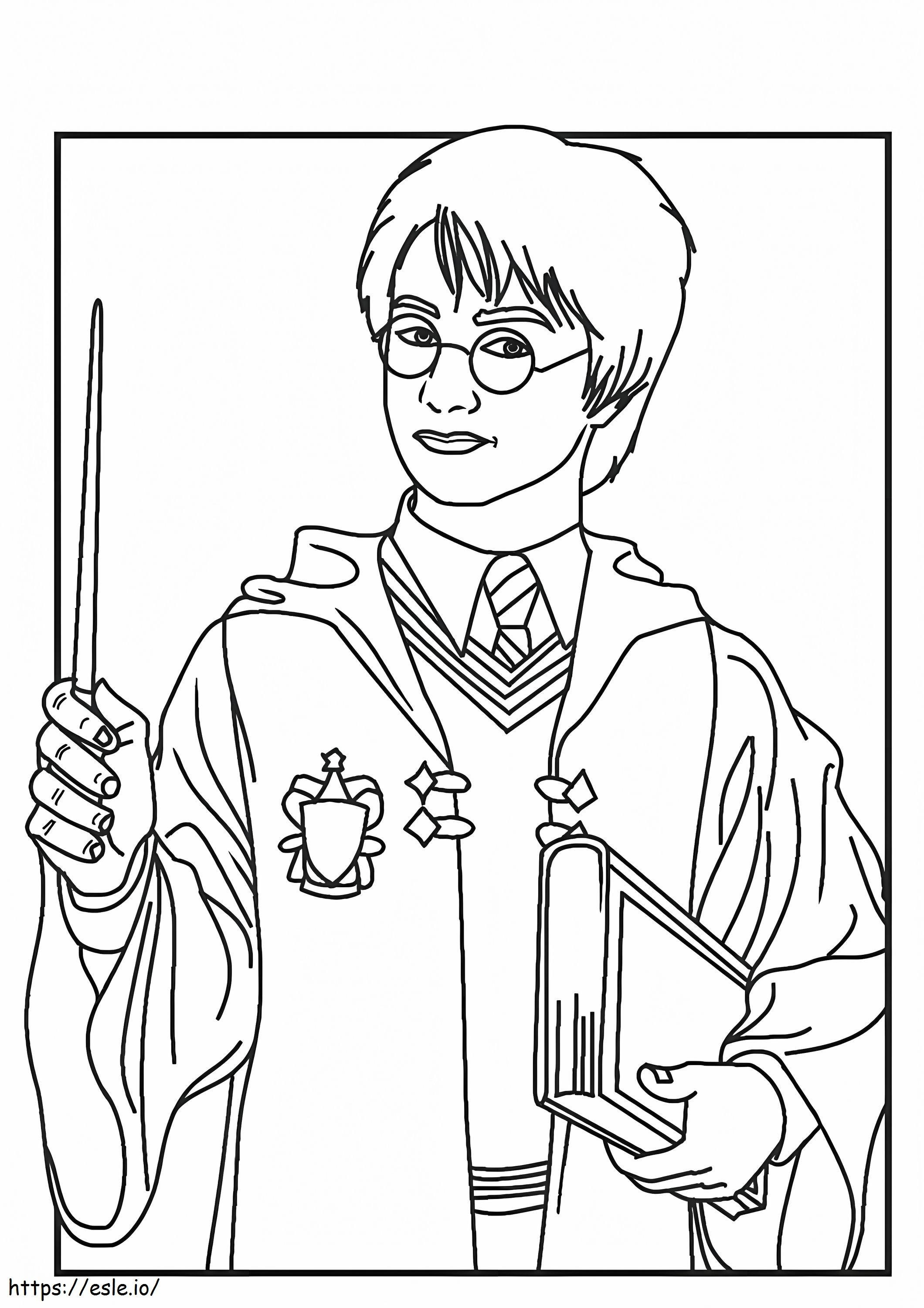 Harry Potter ținând în mână o baghetă și o carte de colorat