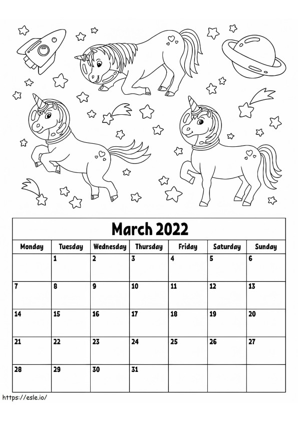 Calendário de março de 2022 para colorir