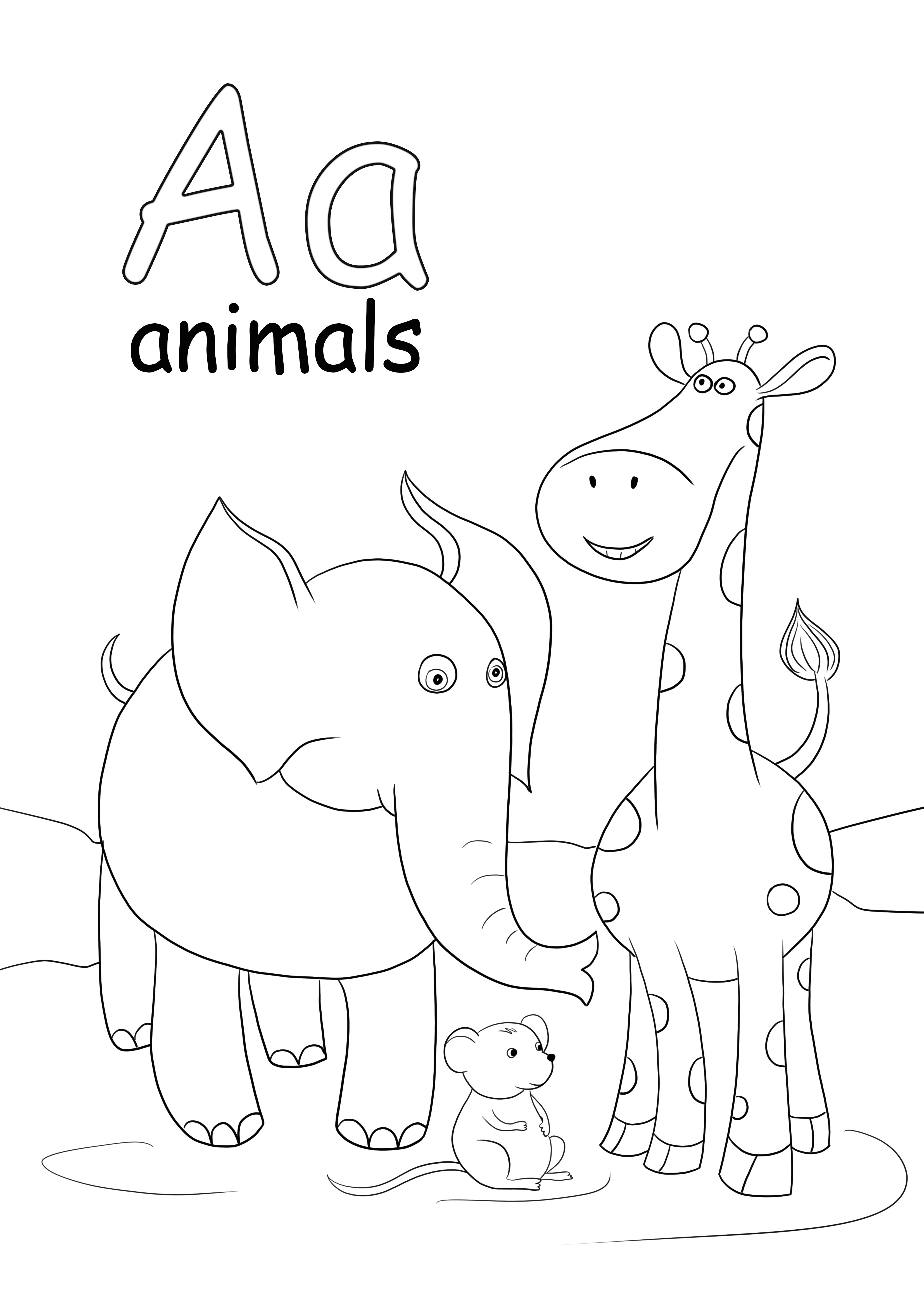 Letter A is voor dieren kleuren en gratis printvel kleurplaat